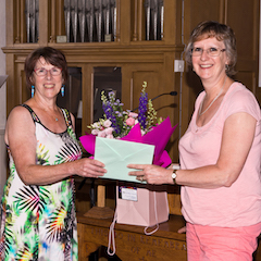 Marian and Sue after receiving presents and flowers.